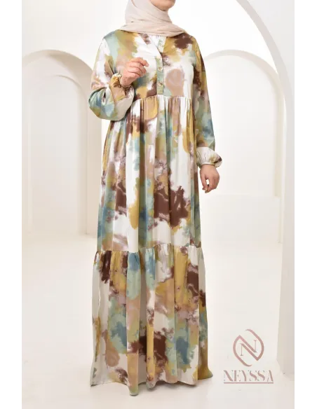 Robe longue satinée coupe évasée imprimées à motifs femme musulmane 1m80