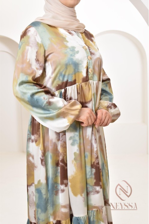 Robe longue satinée coupe évasée imprimées à motifs femme musulmane 1m80