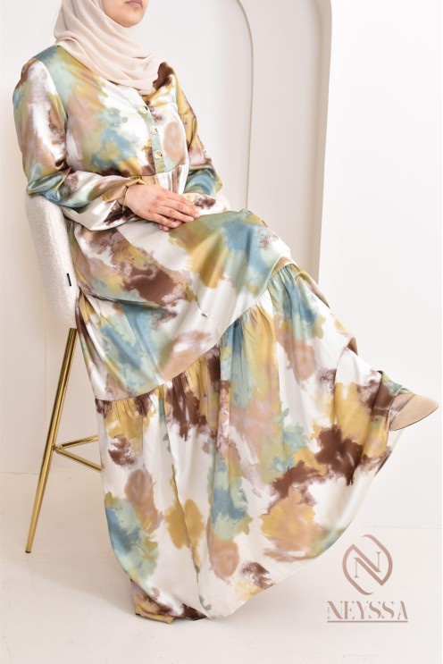 Robe longue satinée coupe évasée imprimées à motifs femme musulmane 1m80