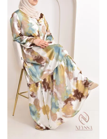 Robe longue satinée coupe évasée imprimées à motifs femme musulmane 1m80