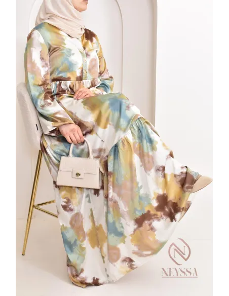 Robe longue satinée coupe évasée imprimées à motifs femme musulmane 1m80