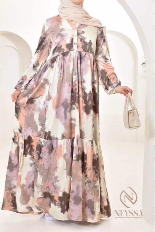 Longue robe en satin coupe évasée imprimées à motifs femme musulmane 1m80