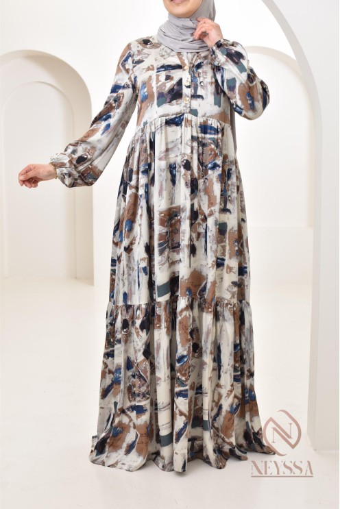 Longue robe en satin spéciale 1m80, avec motifs colorés, coupe ample évasée