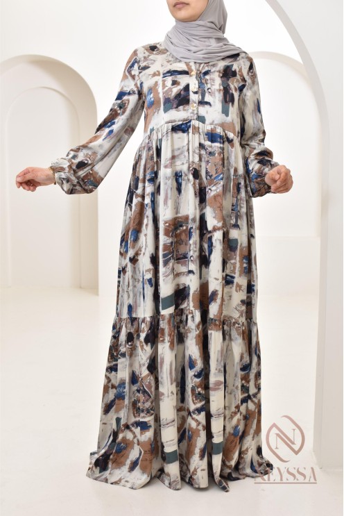 Longue robe en satin spéciale 1m80, avec motifs colorés, coupe ample évasée