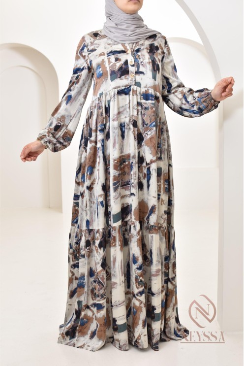 Longue robe en satin spéciale 1m80, avec motifs colorés, coupe ample évasée