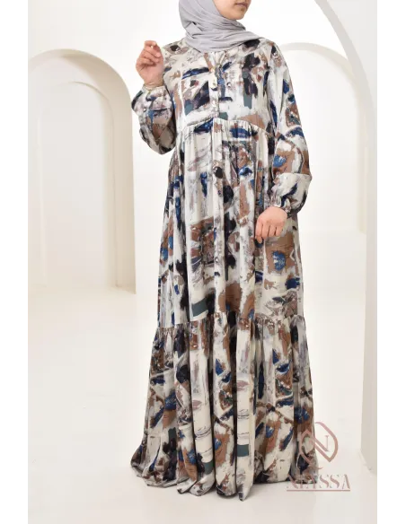 Longue robe en satin spéciale 1m80, avec motifs colorés, coupe ample évasée