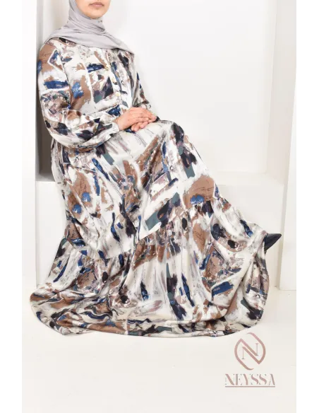 Longue robe en satin spéciale 1m80, avec motifs colorés, coupe ample évasée