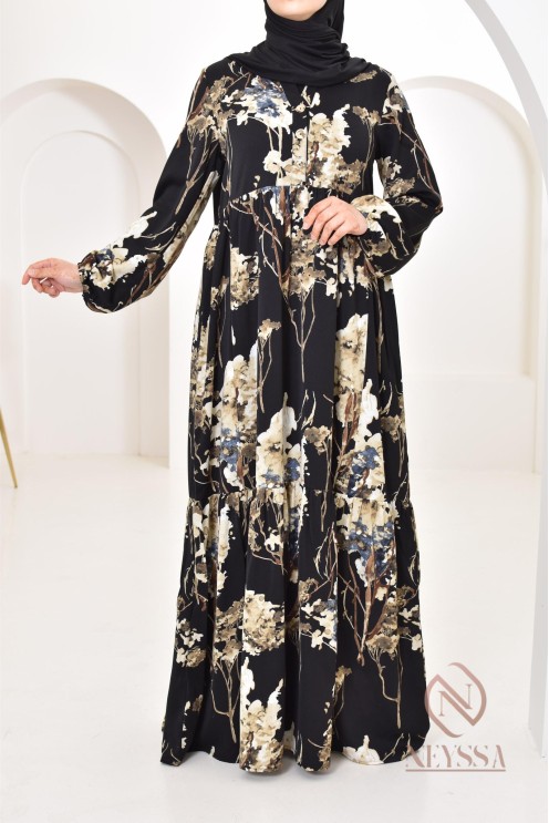 Robe longue motifs floraux, style bohème, coupe fluide évasée, idéale été