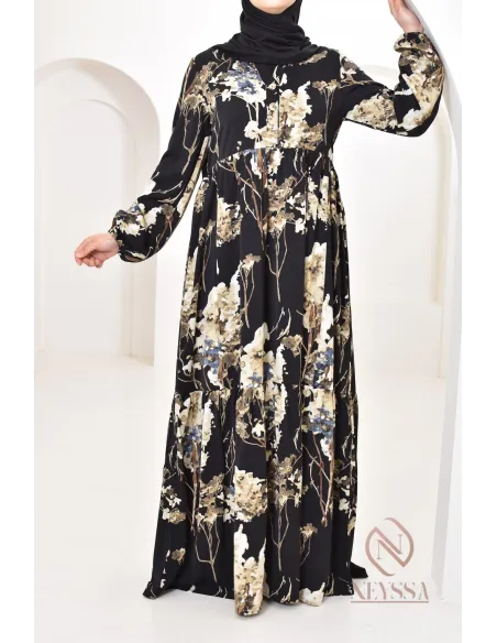 Robe longue motifs floraux, style bohème, coupe fluide évasée, idéale été