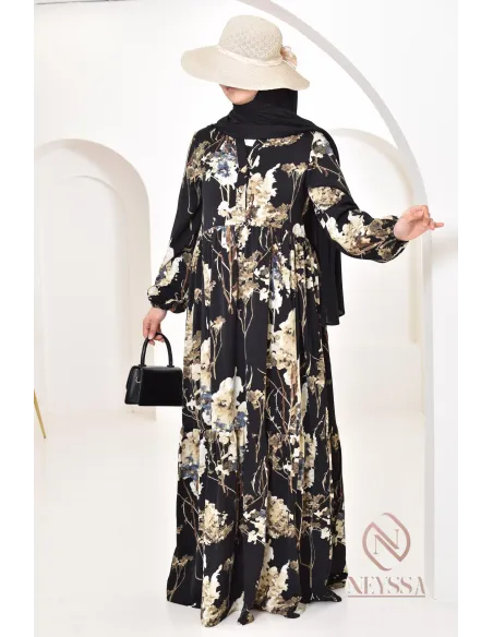 Robe longue motifs floraux, style bohème, coupe fluide évasée, idéale été