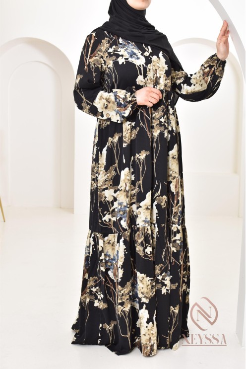 Robe longue motifs floraux, style bohème, coupe fluide évasée, idéale été