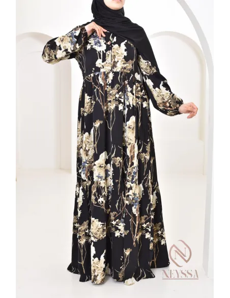 Robe longue motifs floraux, style bohème, coupe fluide évasée, idéale été