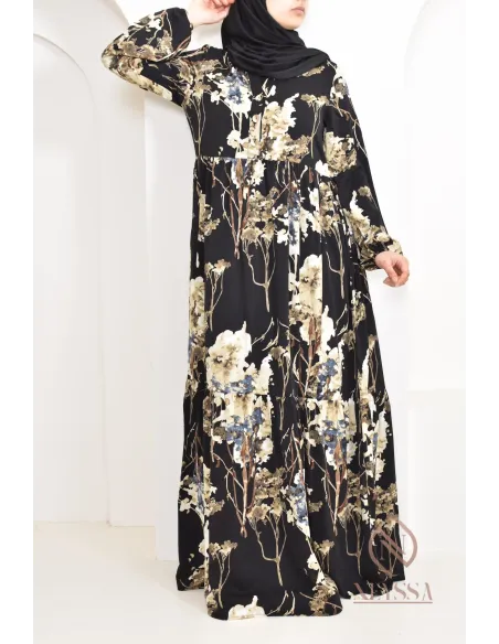 Robe longue motifs floraux, style bohème, coupe fluide évasée, idéale été