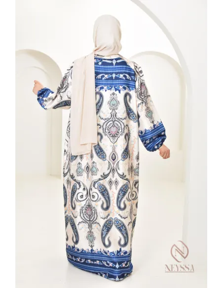 Longue robe satinée fluide avec motifs indien, coupe modeste