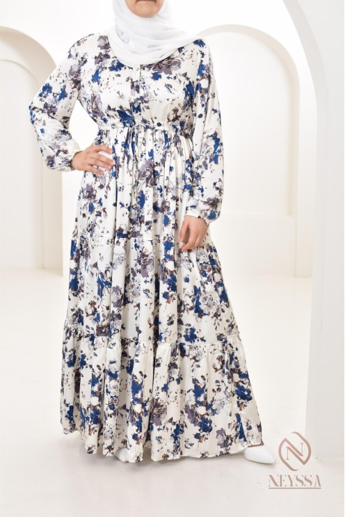 Summer flower dress, long-sleeved flared cut, modest fashion