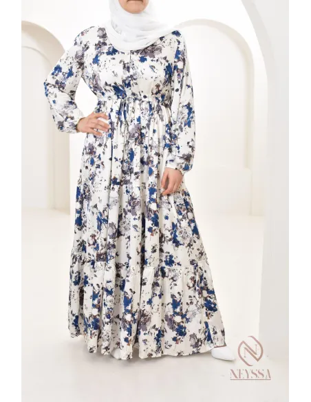 Summer flower dress, long-sleeved flared cut, modest fashion