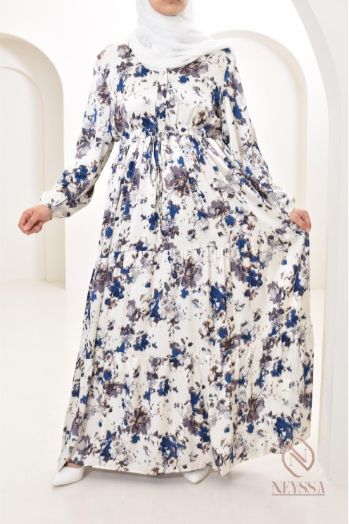Summer flower dress, long-sleeved flared cut, modest fashion