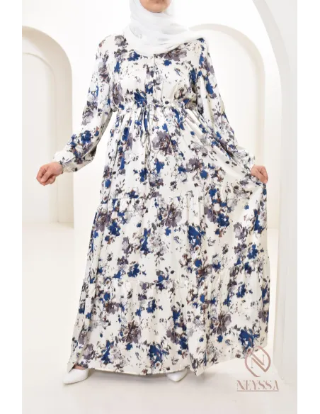 Summer flower dress, long-sleeved flared cut, modest fashion