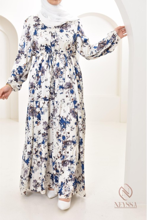 Summer flower dress, long-sleeved flared cut, modest fashion