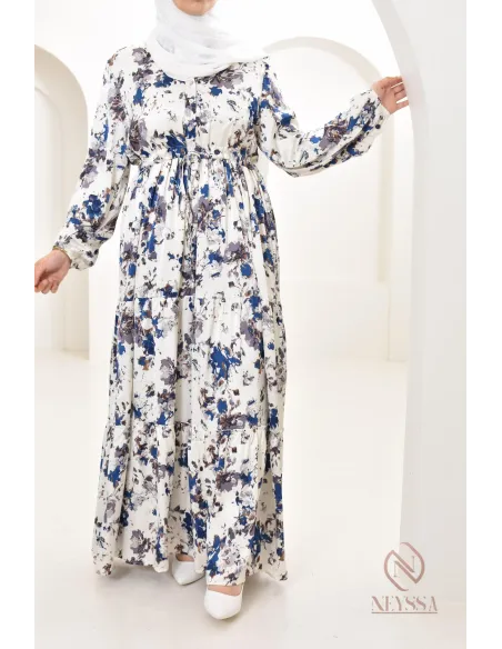 Summer flower dress, long-sleeved flared cut, modest fashion