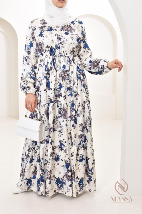 Summer flower dress, long-sleeved flared cut, modest fashion