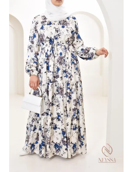 Summer flower dress, long-sleeved flared cut, modest fashion