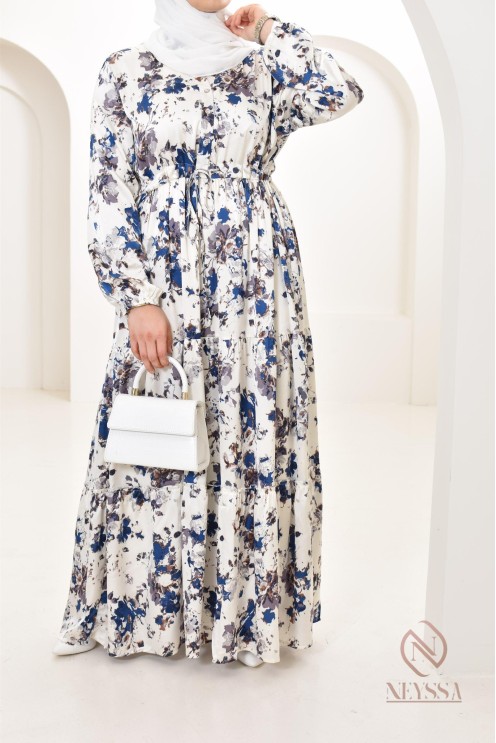 Summer flower dress, long-sleeved flared cut, modest fashion