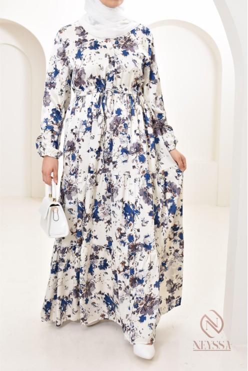 Summer flower dress, long-sleeved flared cut, modest fashion