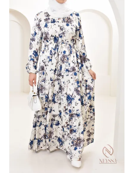 Summer flower dress, long-sleeved flared cut, modest fashion