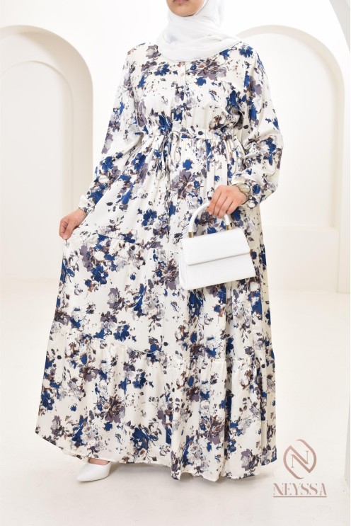 Summer flower dress, long-sleeved flared cut, modest fashion