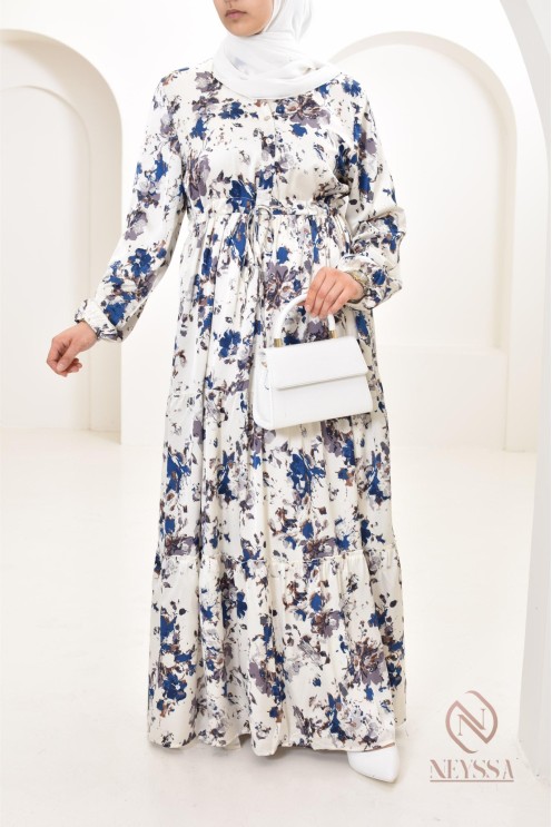 Summer flower dress, long-sleeved flared cut, modest fashion