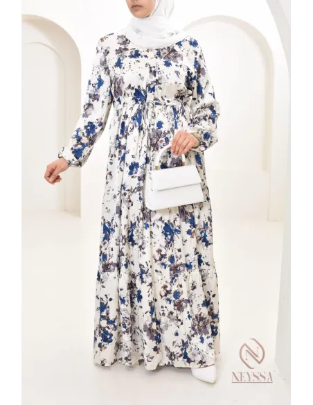Summer flower dress, long-sleeved flared cut, modest fashion