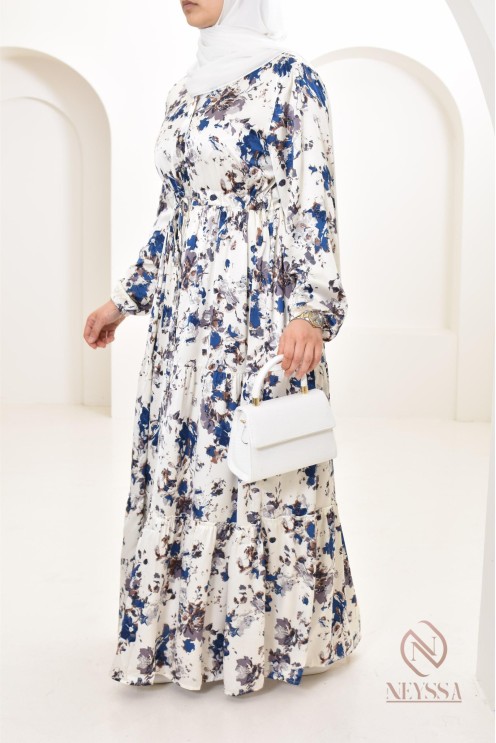 Summer flower dress, long-sleeved flared cut, modest fashion