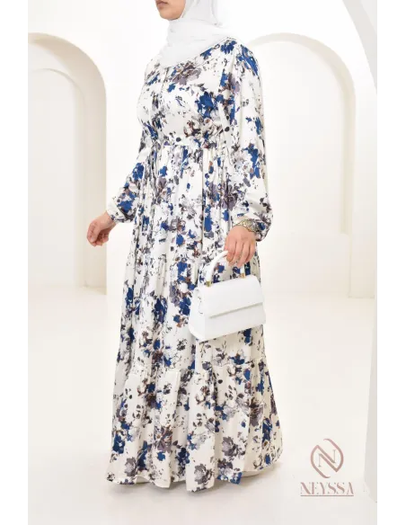 Summer flower dress, long-sleeved flared cut, modest fashion