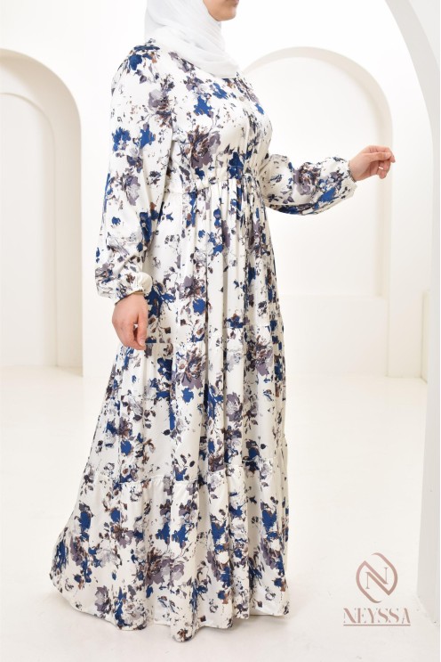 Summer flower dress, long-sleeved flared cut, modest fashion