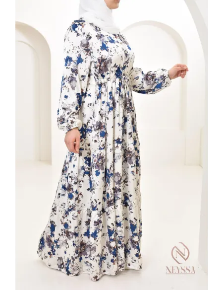 Summer flower dress, long-sleeved flared cut, modest fashion