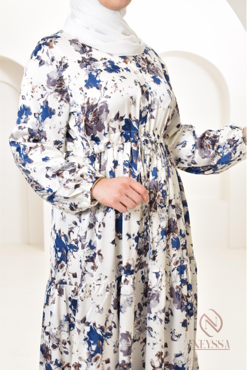 Summer flower dress, long-sleeved flared cut, modest fashion