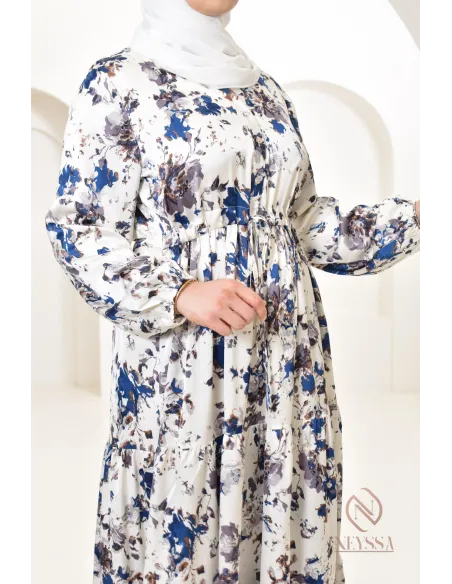 Summer flower dress, long-sleeved flared cut, modest fashion