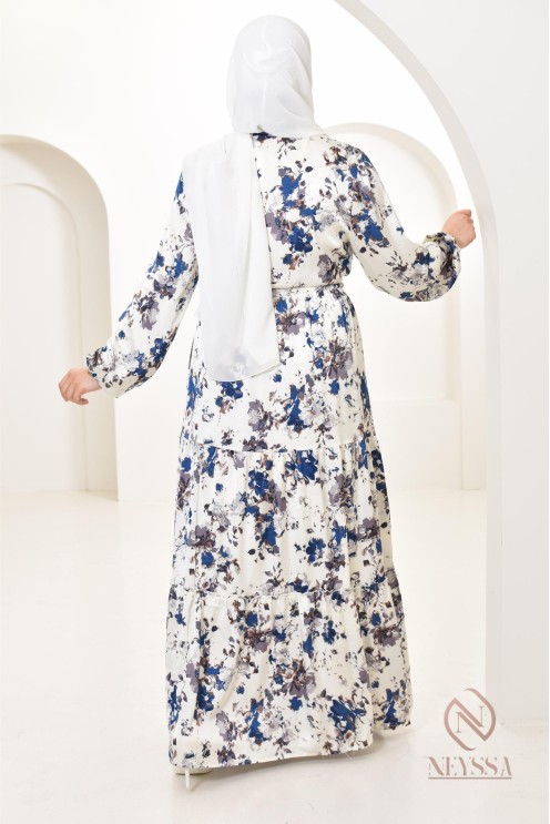 Summer flower dress, long-sleeved flared cut, modest fashion