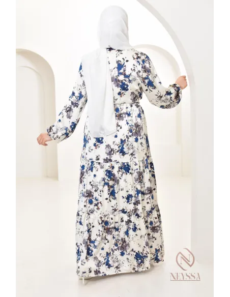 Summer flower dress, long-sleeved flared cut, modest fashion
