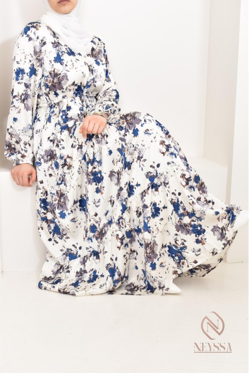 Summer flower dress, long-sleeved flared cut, modest fashion