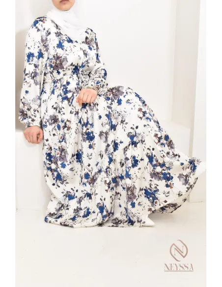 Summer flower dress, long-sleeved flared cut, modest fashion