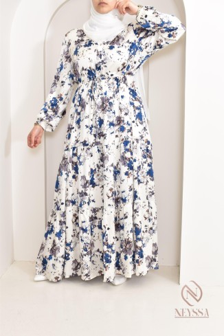 Summer flower dress, long-sleeved flared cut, modest fashion