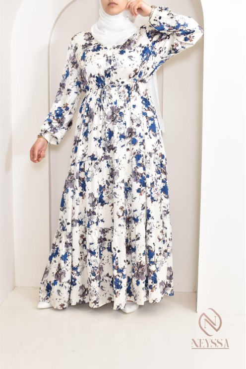 Summer flower dress, long-sleeved flared cut, modest fashion