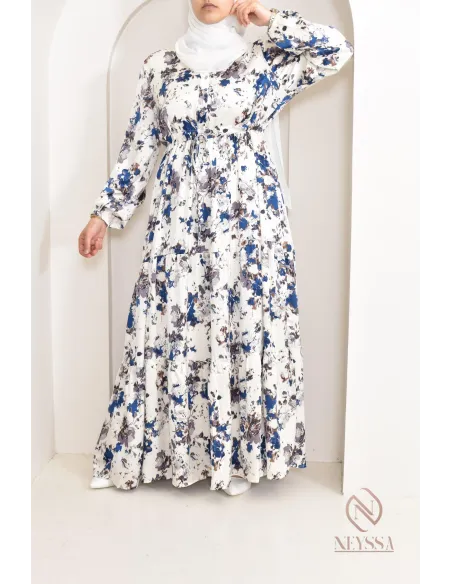 Summer flower dress, long-sleeved flared cut, modest fashion