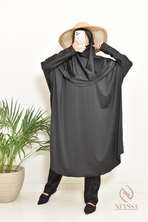 Black burkini with integrated swim khimar, loose-fitting and water-resistant