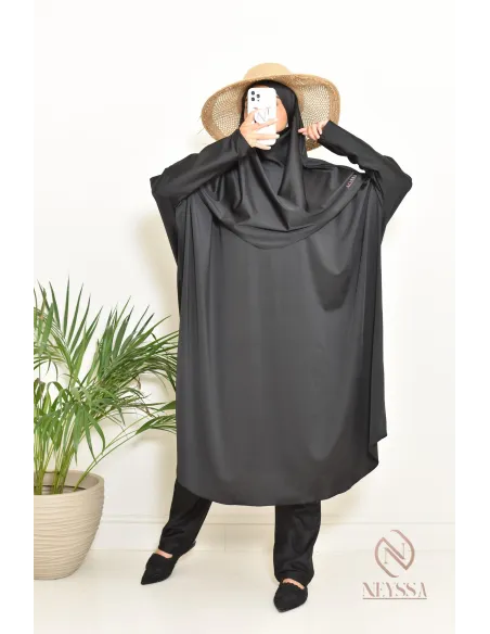 Black burkini with integrated swim khimar, loose-fitting and water-resistant