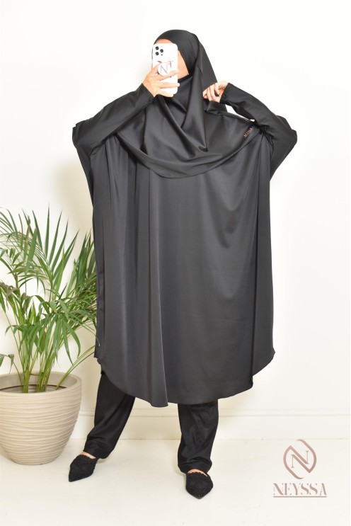 Black burkini with integrated swim khimar, loose-fitting and water-resistant