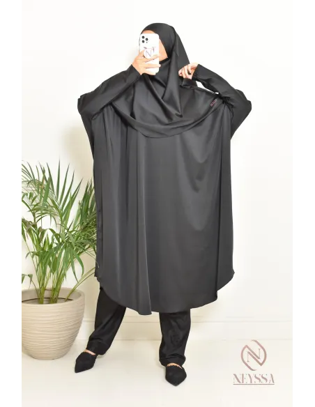 Black burkini with integrated swim khimar, loose-fitting and water-resistant