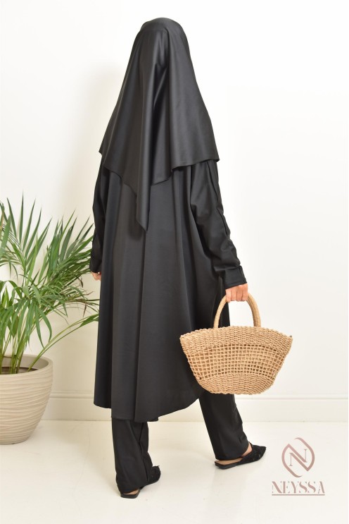 Black burkini with integrated swim khimar, loose-fitting and water-resistant